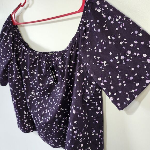 NWT Express Purple Floral Crop Top Short Sleeve Elastic Neckline Women’s XL - Picture 2 of 8